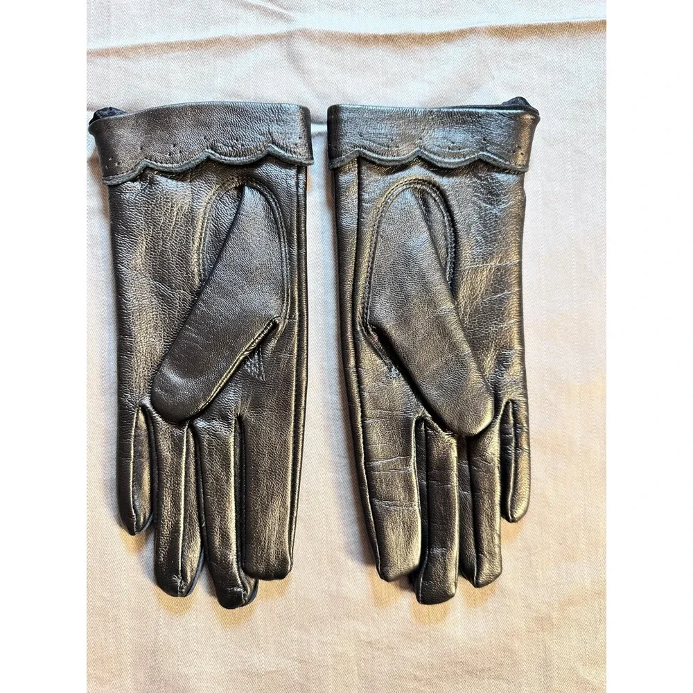 Gold‎ Crown Vintage Black Leather Scalloped Cuff Gloves Size 6.5 Womens Retro